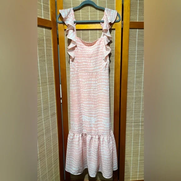 bcbg pale pink dress NEW 538 BCBG MAXAZRIA DRESS MIDI GOWN PALE PINK LACE RUFFLE MESH 0 2 4 6 XS  S M